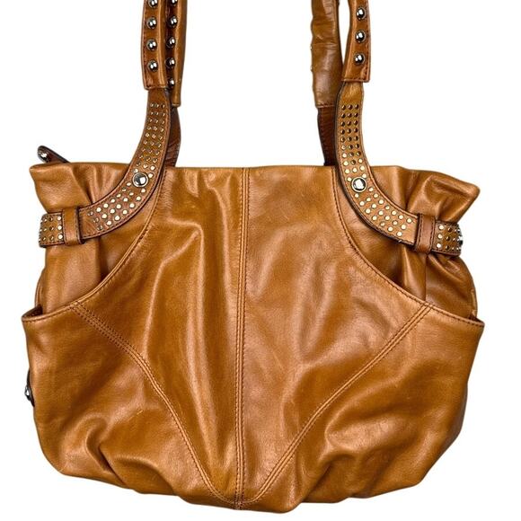 B Makowski Women's Vintage Silver Studded Purse Handbag Cognac Soft Leather - Picture 1 of 10